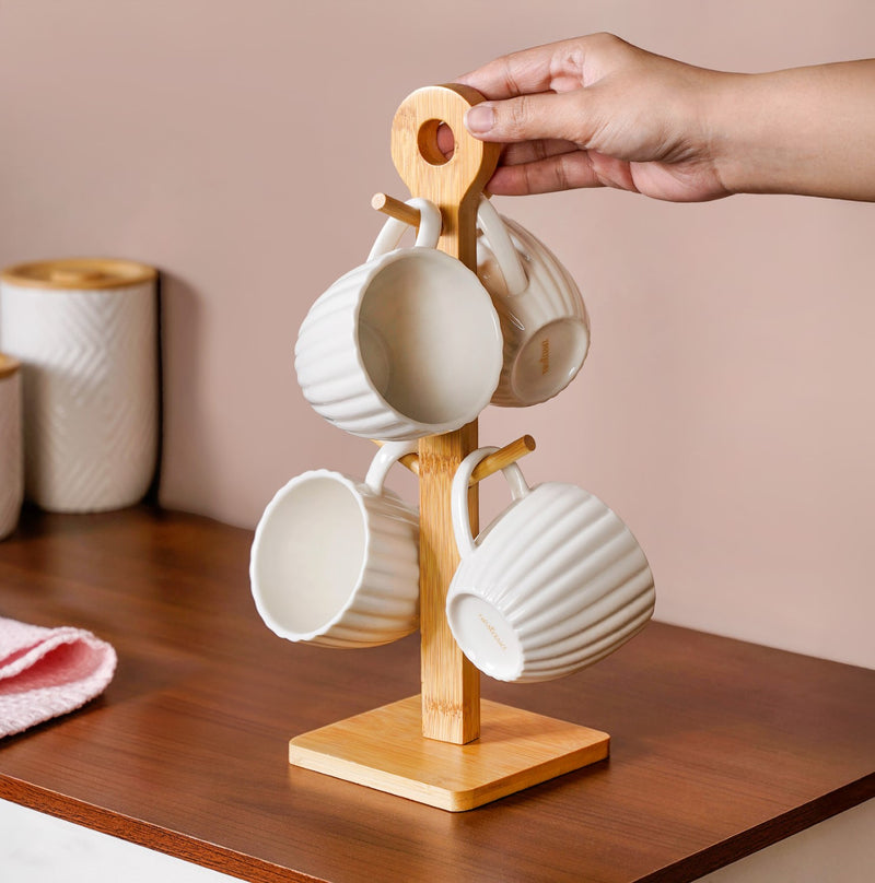 Ribbed White Cup And Stand Set Of 5 200ml