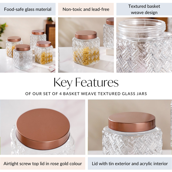 Set Of 4 Textured Glass Jars With Basket Weave 1600ml