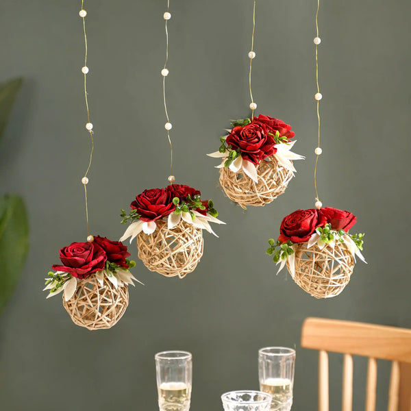 Rose Wall Hanging With Rattan Balls Set Of 4