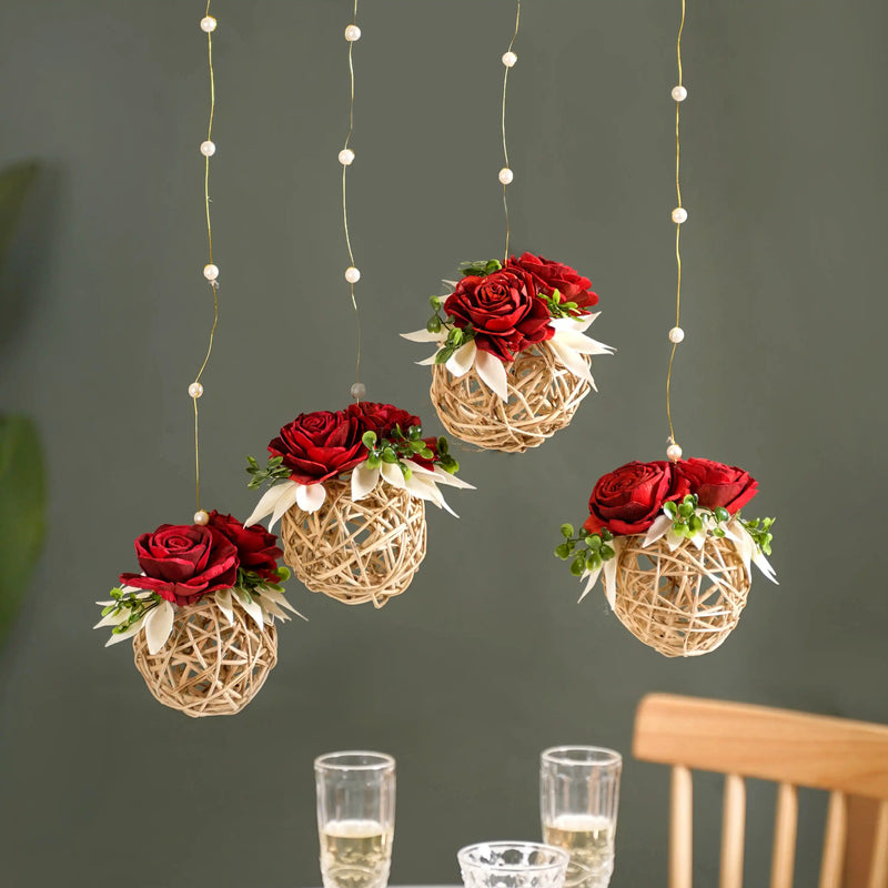 Rose Wall Hanging With Rattan Balls Set Of 4