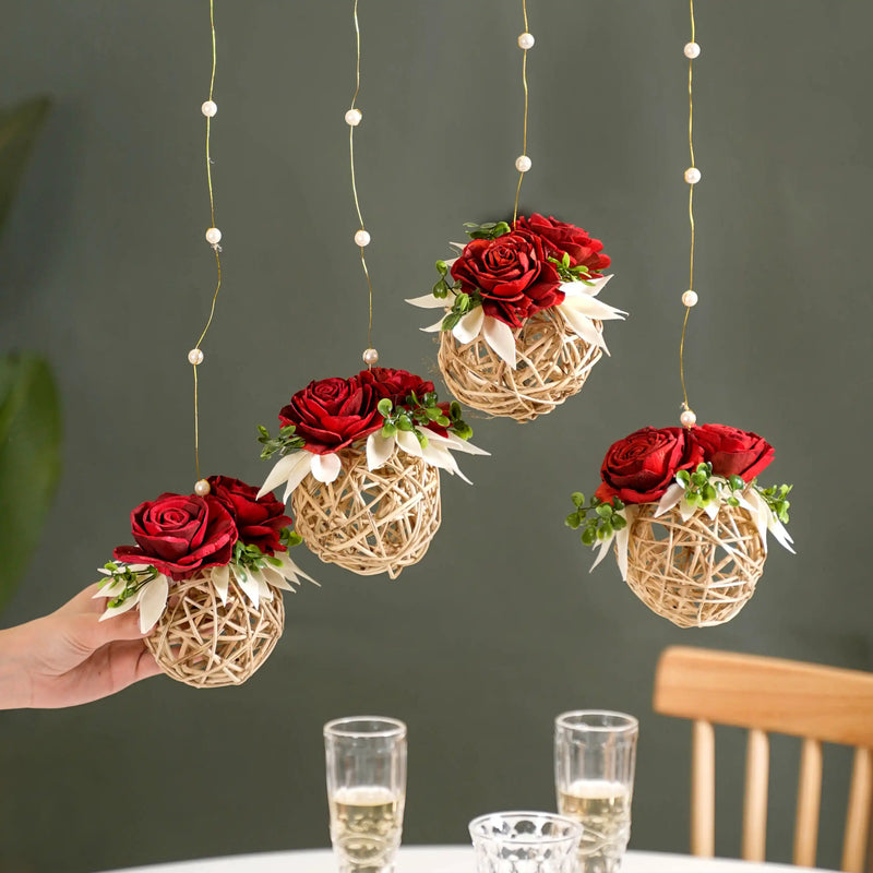 Rose Wall Hanging With Rattan Balls Set Of 4