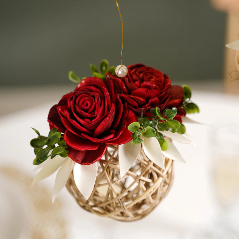 Rose Wall Hanging With Rattan Balls Set Of 4