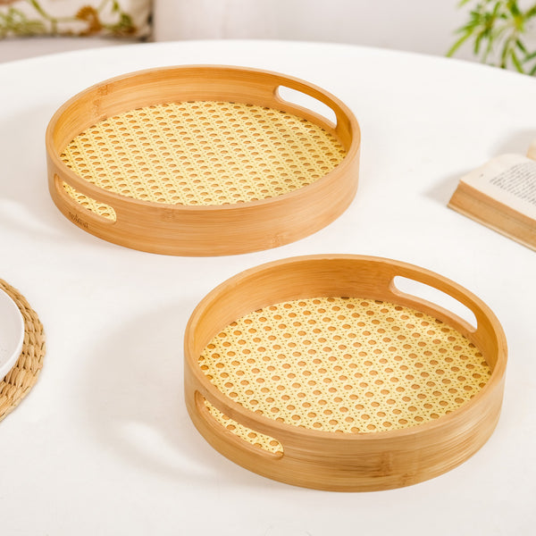 Set Of 2 Rattan Weave Round Wooden Trays