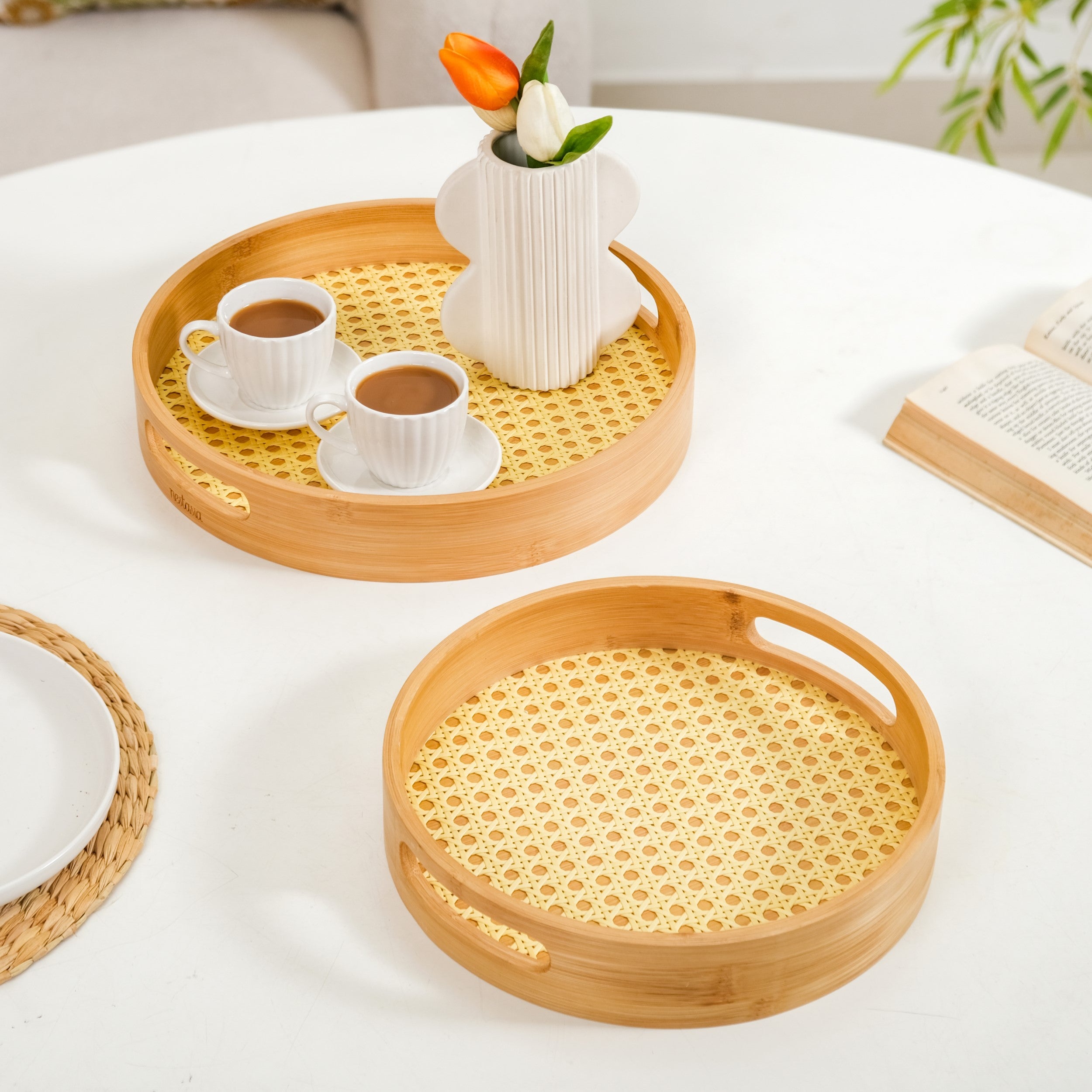Set Of 2 Rattan Weave Round Wooden Trays Online - Premium Tray | Nestasia