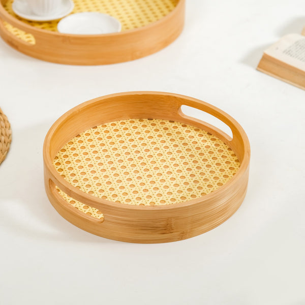 Set Of 2 Rattan Weave Round Wooden Trays