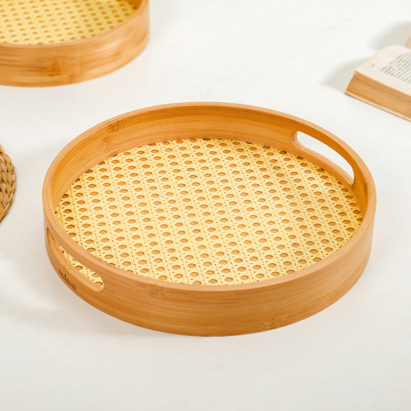 Set Of 2 Rattan Weave Round Wooden Trays