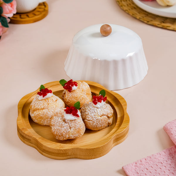 Round Wooden Dish With Fluted Texture Ceramic Lid