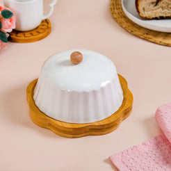 Round Wooden Butter Dish With Fluted Texture Ceramic Lid