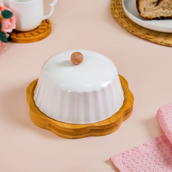 Round Wooden Dish With Fluted Texture Ceramic Lid