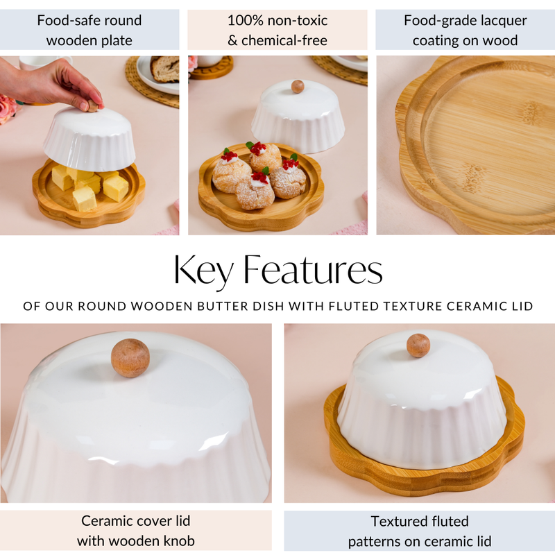 Round Wooden Butter Dish With Fluted Texture Ceramic Lid