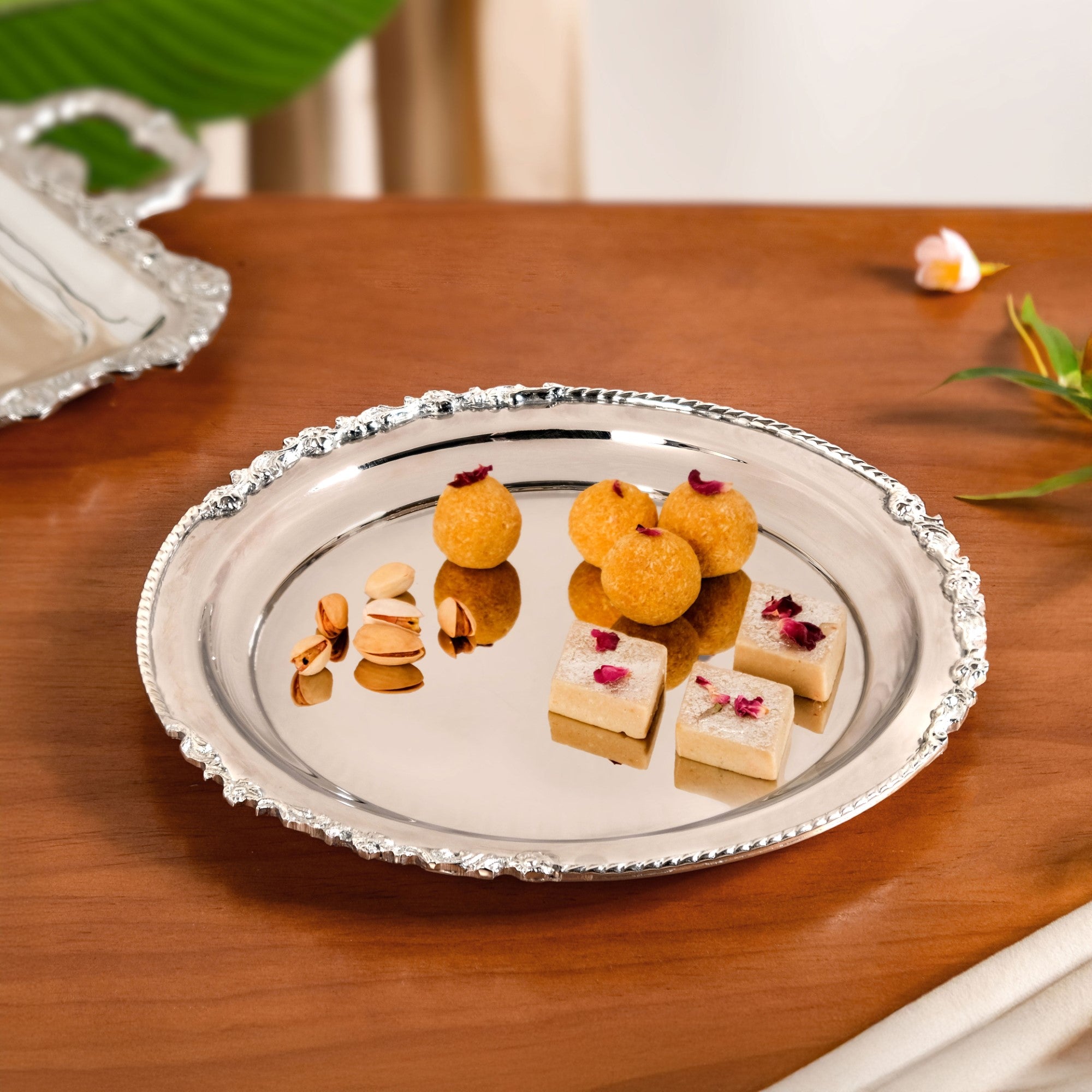 Royalcore Ornate Brass Rim Decorative Tray Silver