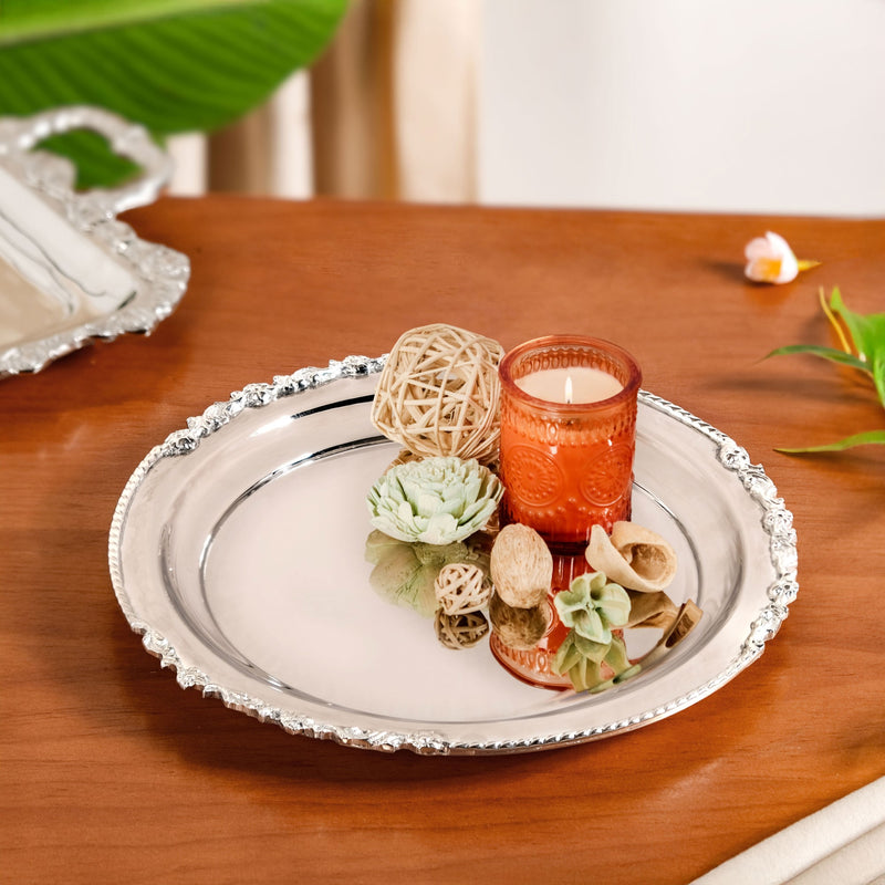 Royalcore Ornate Brass Rim Decorative Tray Silver