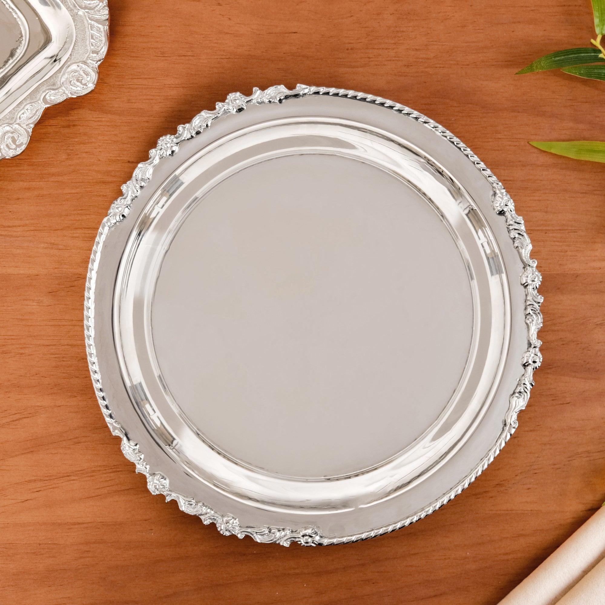 Royalcore Ornate Brass Rim Decorative Tray Silver