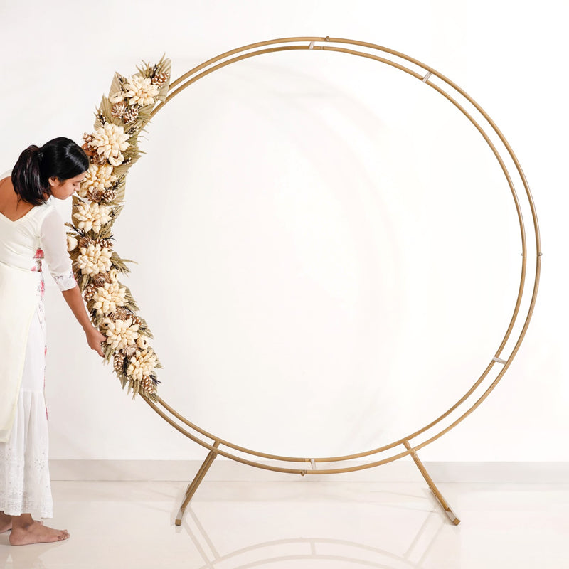 Gold Rings Backdrop Metal Frame With Floral Decorations 99 Inch - Metal Frame With Floral Decorations, Metal Backdrop, Gold Rings Backdrop, Decorative Metal Frame