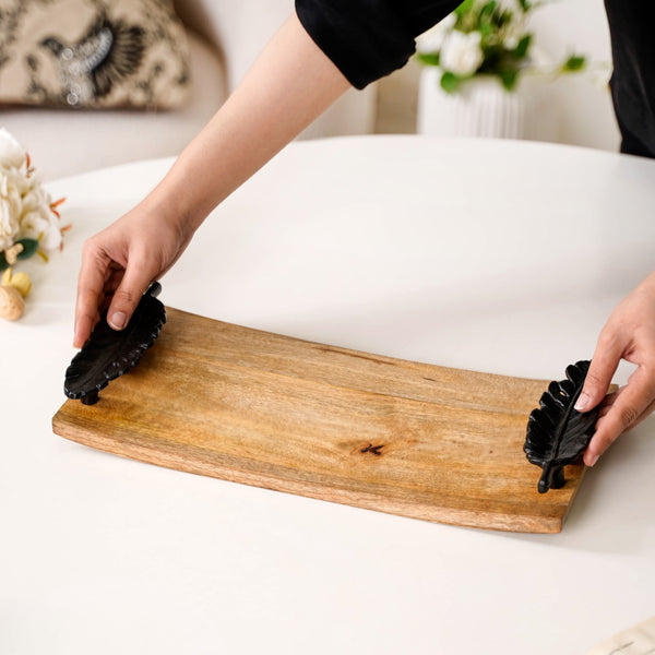 Metal Feather Handle Wooden Tray 15x7 Inch