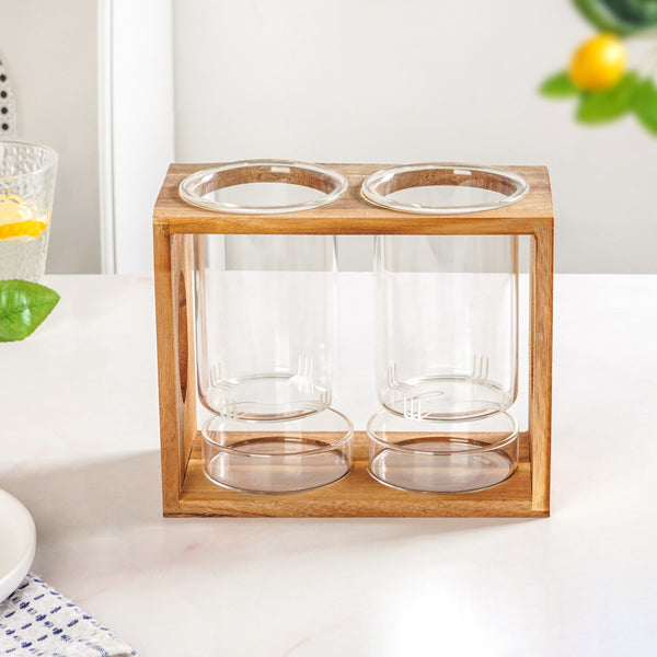 Rustic Wooden Cutlery Stand With Glass Holders