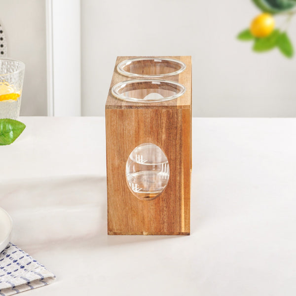 Rustic Wooden Cutlery Stand With Glass Holders