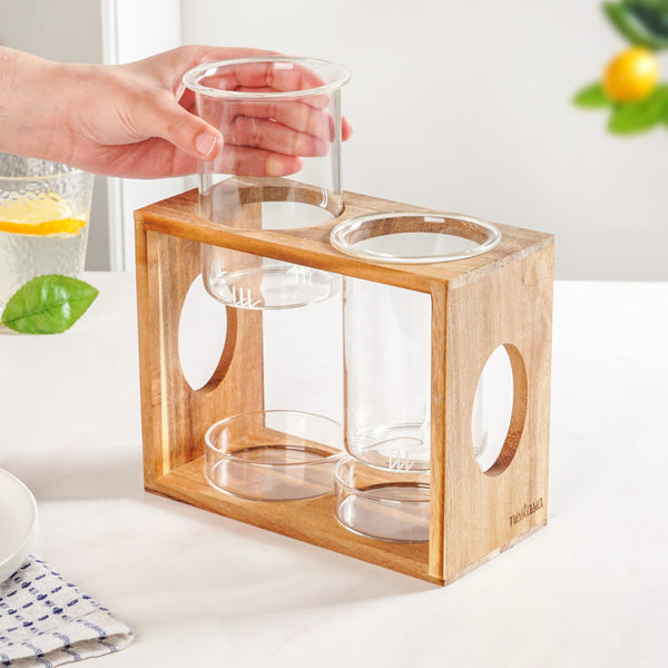 Rustic Wooden Cutlery Stand With Glass Holders