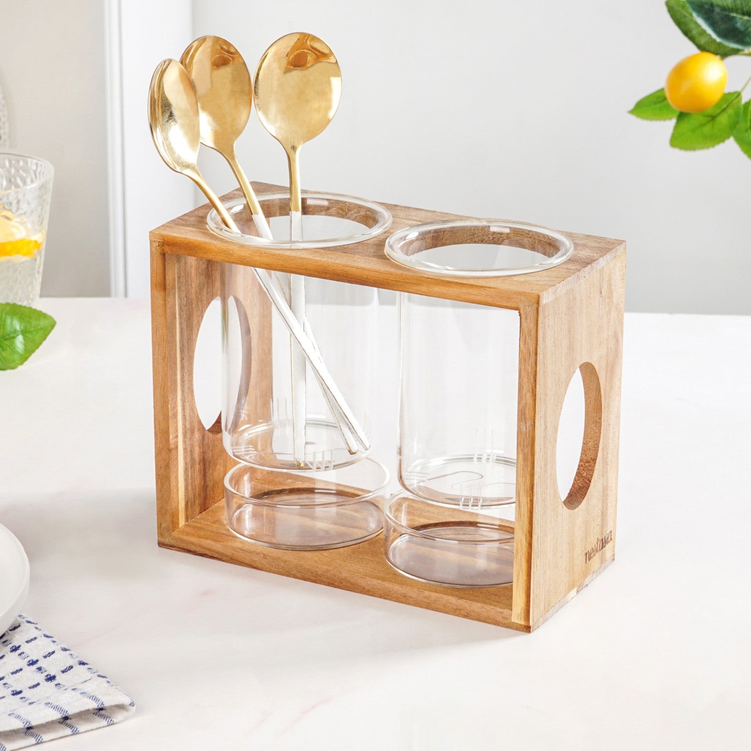 Rustic Wooden Cutlery Stand With Glass Holders