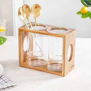 Rustic Wooden Cutlery Stand With Glass Holders