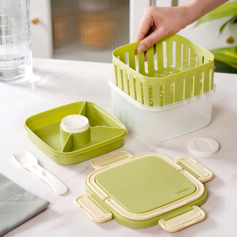 Crispo Salad Box With Dressing Cup And Spoon Green 1350ml