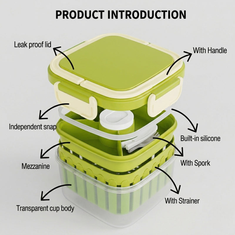 Crispo Salad Box With Dressing Cup And Spoon Green 1350ml
