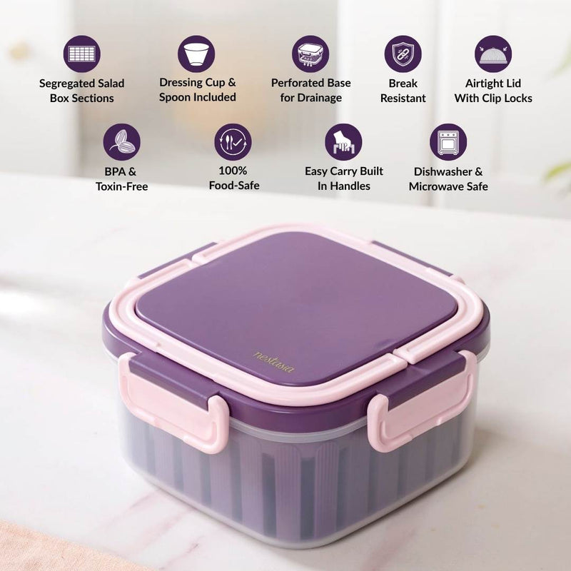 Crispo Salad Box With Dressing Cup And Spoon Purple 1350ml