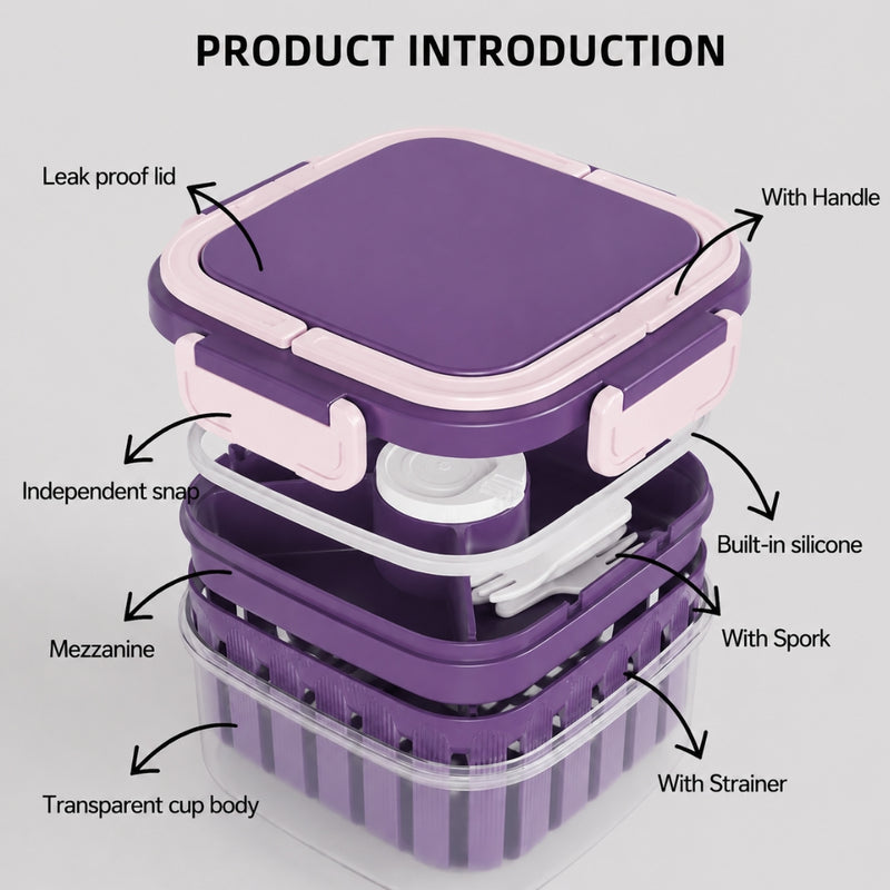 Crispo Salad Box With Dressing Cup And Spoon Purple 1350ml
