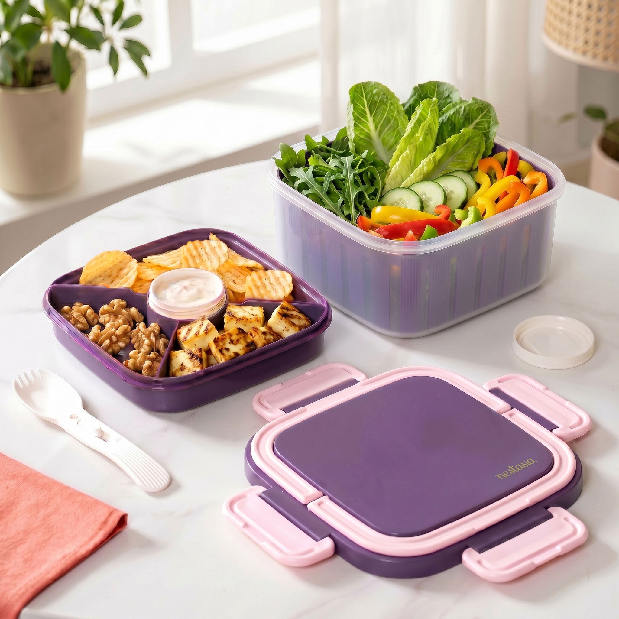 Crispo Salad Box With Dressing Cup And Spoon Purple 1350ml