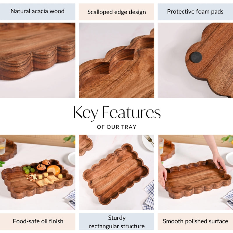 Scallop Acacia Wood Rectangle Serving Tray