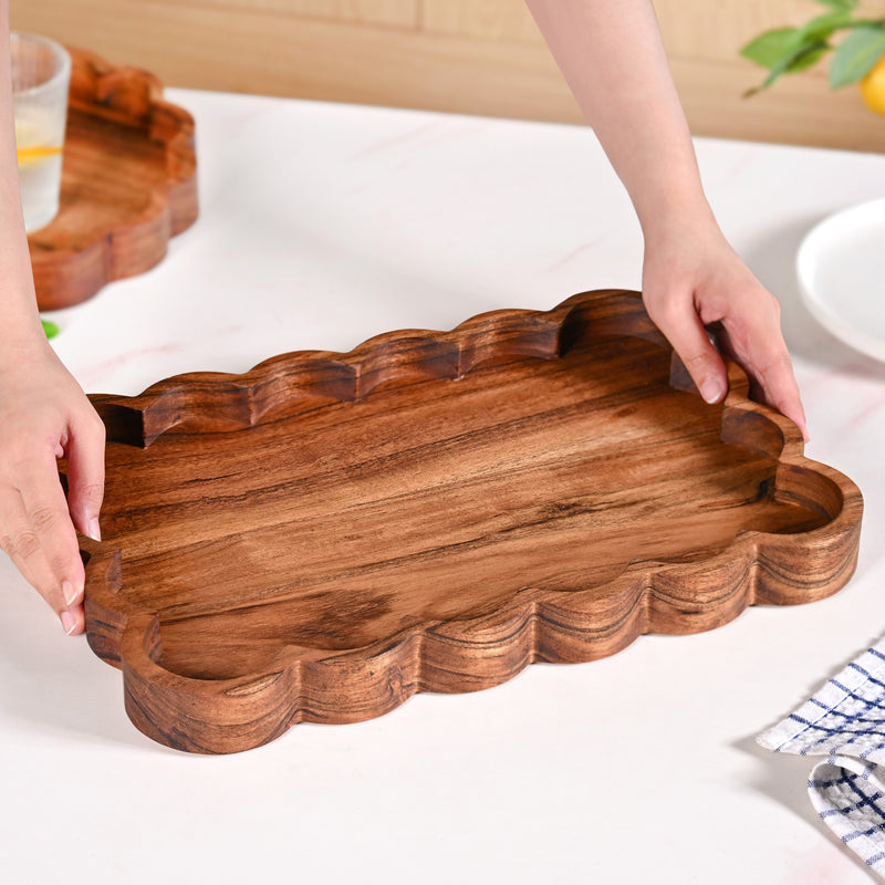 Scallop Acacia Wood Rectangle Serving Tray