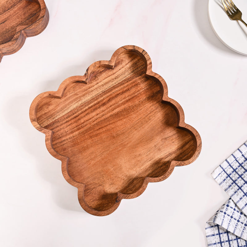Scallop Acacia Wood Square Serving Tray