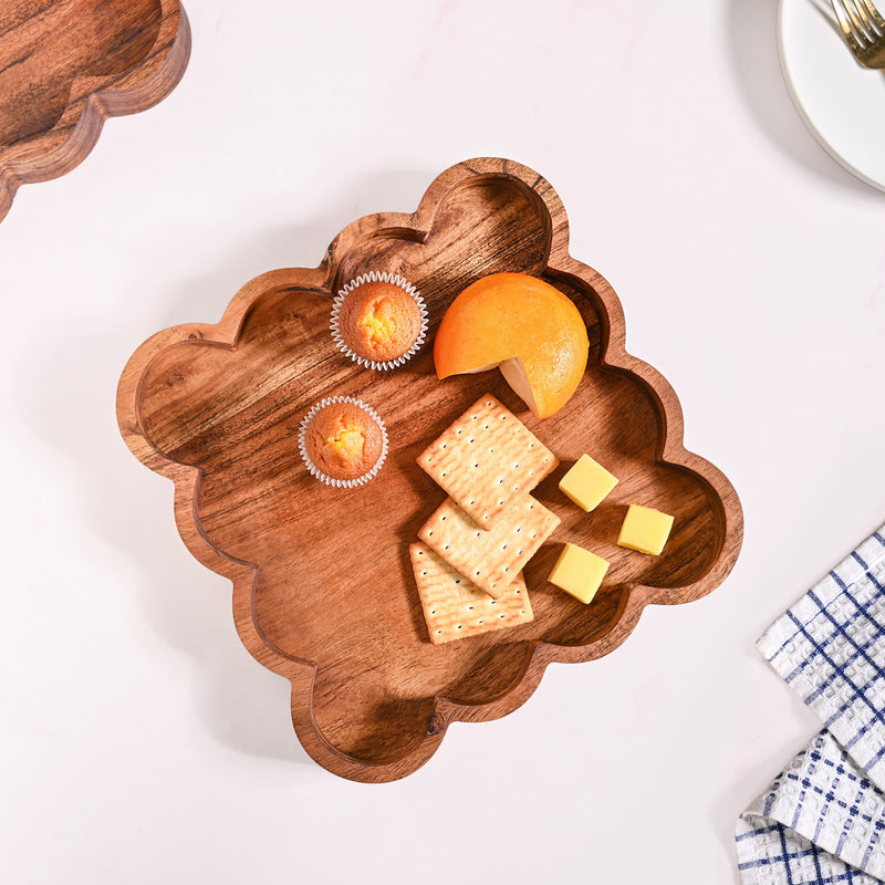 Scallop Acacia Wood Square Serving Tray