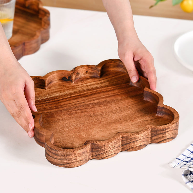 Scallop Acacia Wood Square Serving Tray