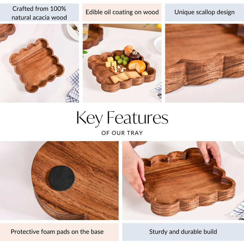 Scallop Acacia Wood Square Serving Tray