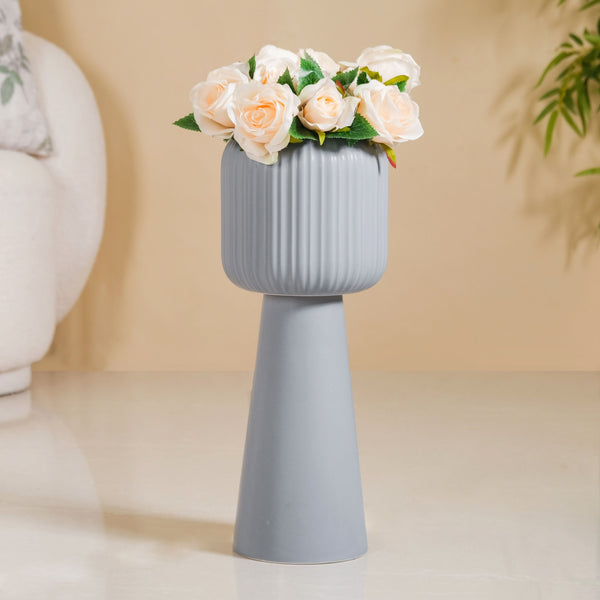 Ribbed Tall Flower Vase Grey
