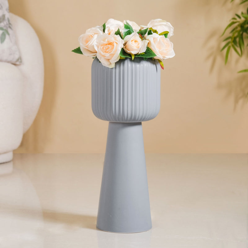 Ribbed Tall Flower Vase Grey