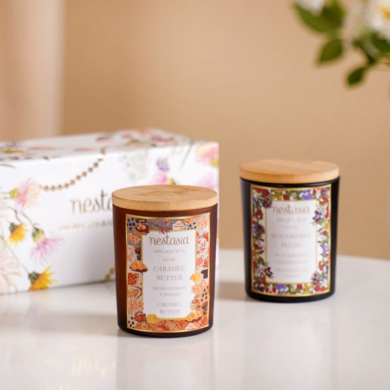 Caramel & Woodberry Scented Candles Jars Set Of 2- Caramel Scented Candles, Woodberry Candle, Scented Candle Set, Aromatic Candle Collection