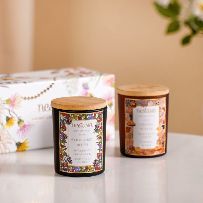 Caramel & Woodberry Scented Candles Jars Set Of 2- Caramel Scented Candles, Woodberry Candle, Scented Candle Set, Aromatic Candle Collection