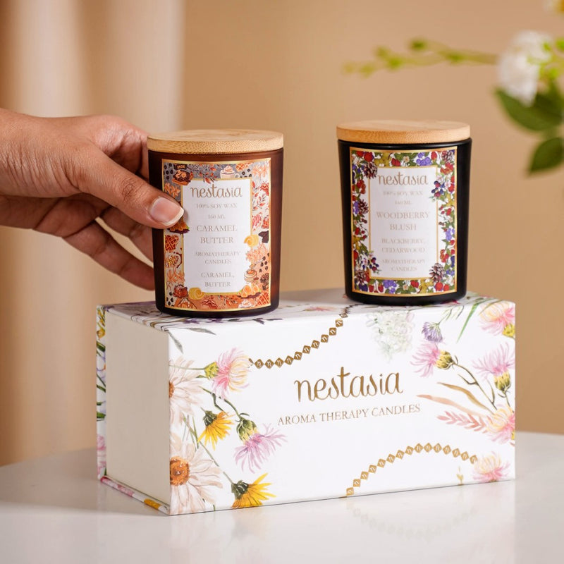 Caramel & Woodberry Scented Candles Jars Set Of 2- Caramel Scented Candles, Woodberry Candle, Scented Candle Set, Aromatic Candle Collection