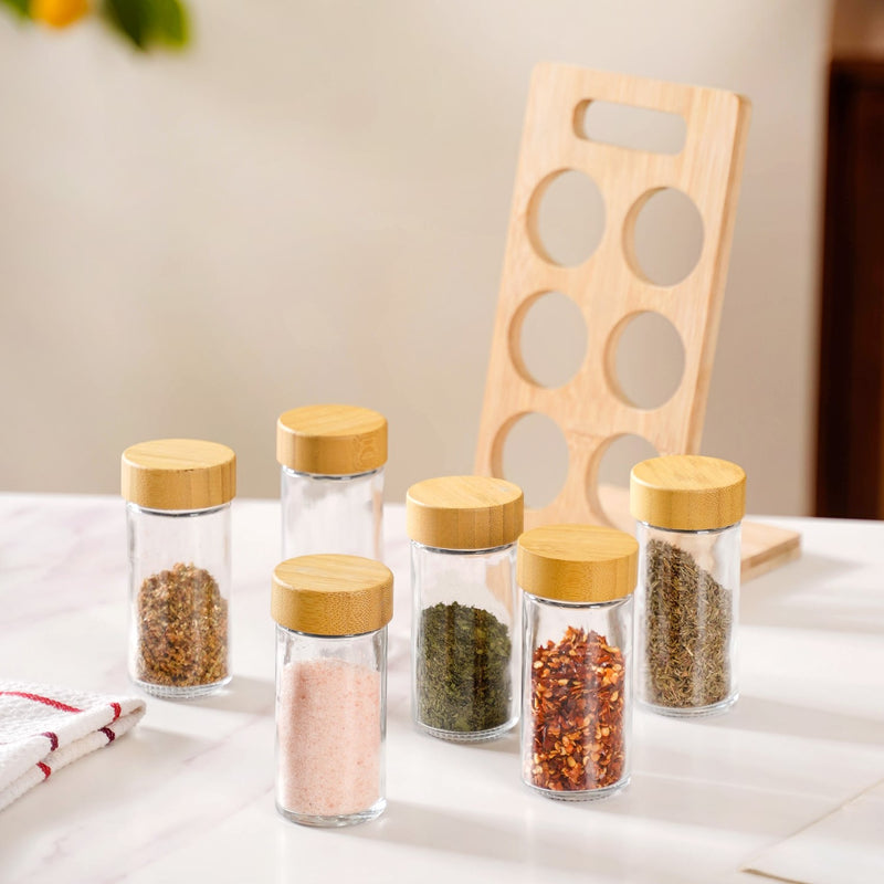 Set Of 6 Airtight Seasoning Jars With Wooden Stand 100ml