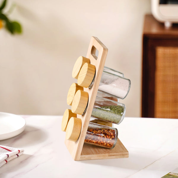 Set Of 6 Airtight Seasoning Jars With Wooden Stand 100ml