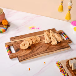 Rectangle Acacia Wood Serving Platter With Gold Zari Work