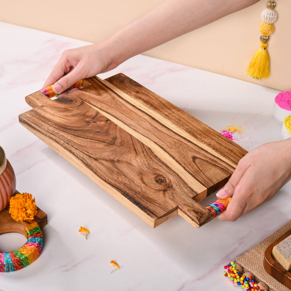 Rectangle Acacia Wood Serving Platter With Gold Zari Work