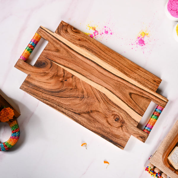 Rectangle Acacia Wood Serving Platter With Gold Zari Work