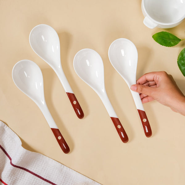 Set Of 4 Ceramic Serving Spoons White And Brown