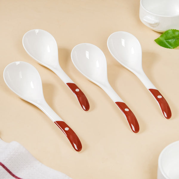 Set Of 4 Ceramic Serving Spoons White And Brown