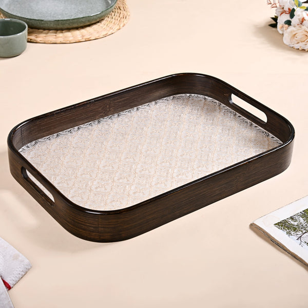 Embossed Serving Tray With Bamboo Wood Frame