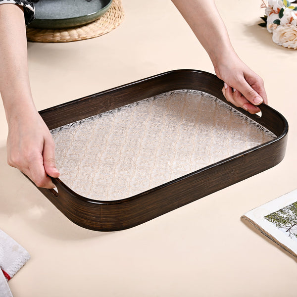 Embossed Serving Tray With Bamboo Wood Frame