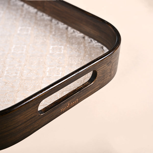 Embossed Serving Tray With Bamboo Wood Frame